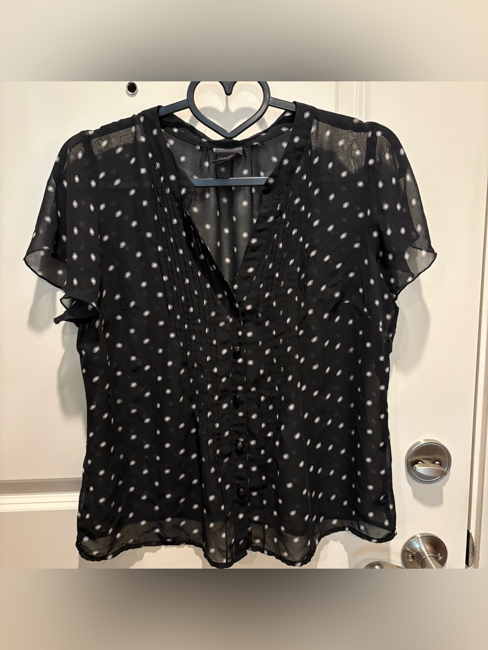 Covington Petite Black Sheer Polka Dot Button-Front Blouse